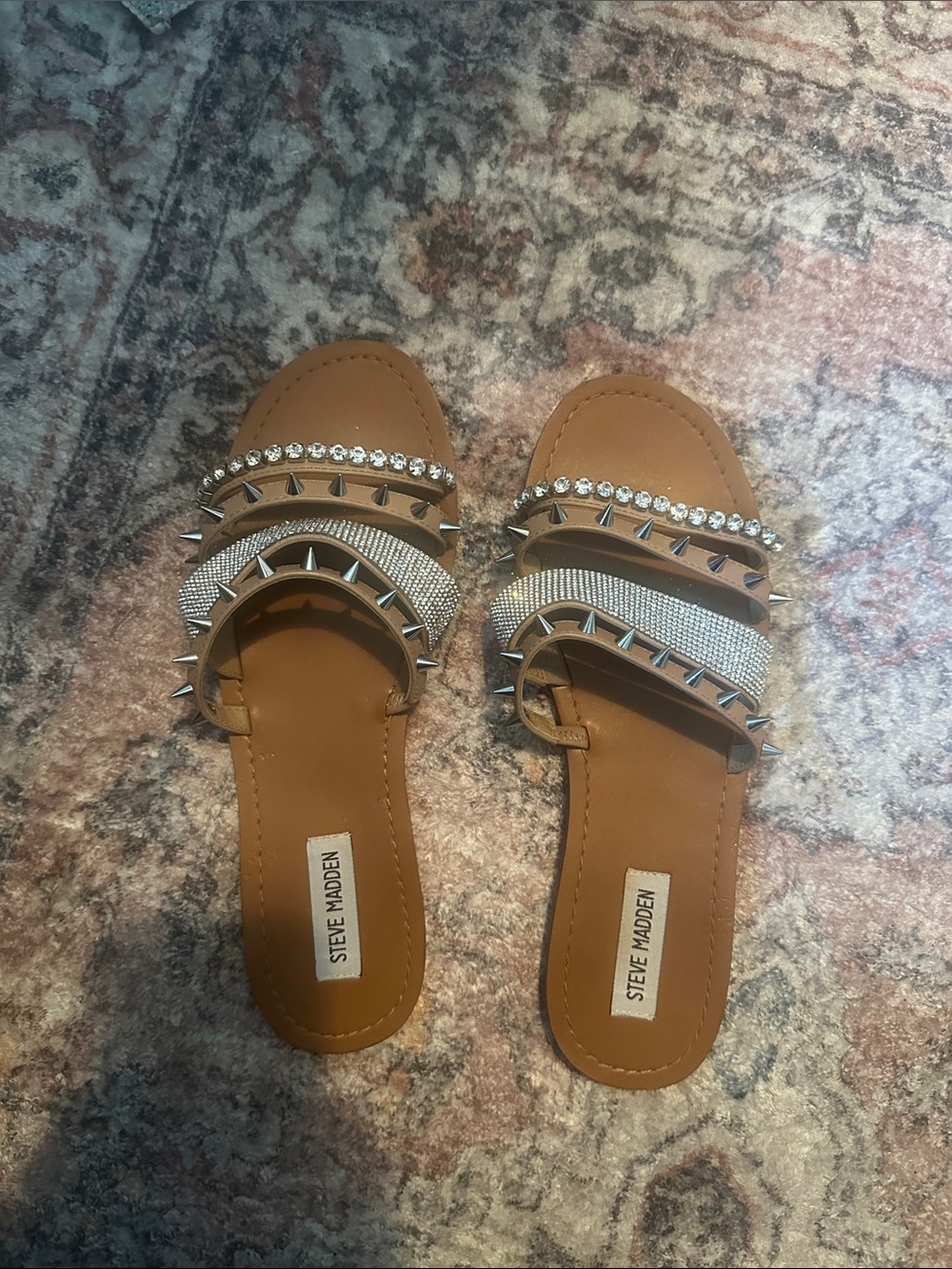 Steve Madden Tan Slide Sandals with Silver Studded Crystal Straps